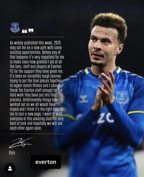 阿里告別埃弗頓：是時(shí)候開始新篇章了，感謝所有人對(duì)我的支持